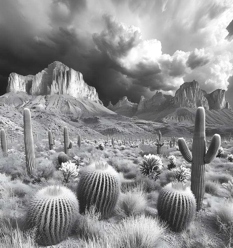Dramatic Desert Landscape with Cacti under Stormy Skies. vector illustration