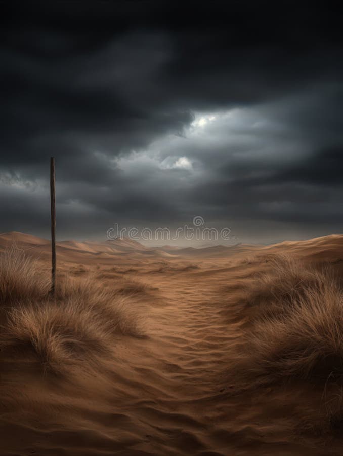 Dramatic desert landscape with dark clouds. Stormy sky royalty free illustration