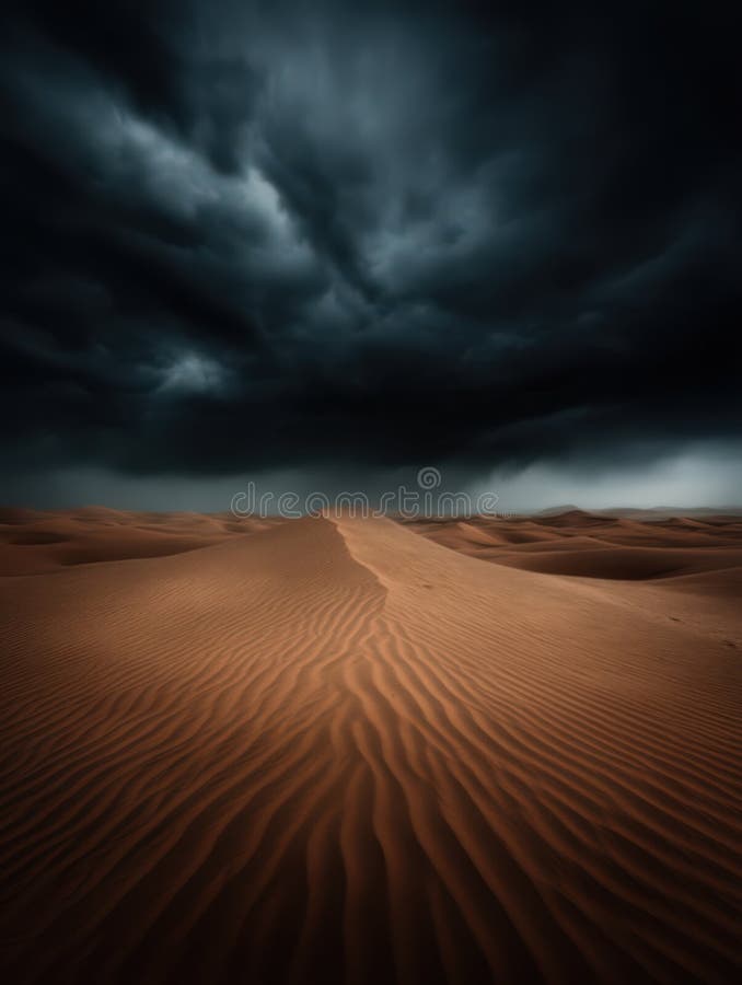 Dramatic desert landscape with dark clouds. Stormy sky stock illustration
