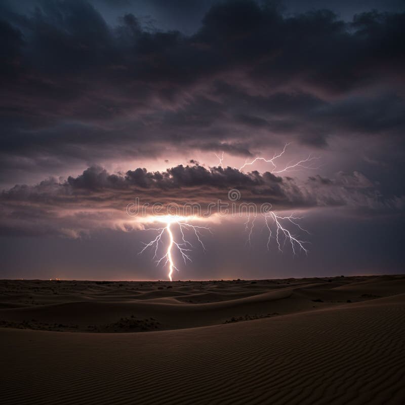 Dramatic desert landscape with dark, stormy sky. Lightning bolts pierce through thick vector illustration