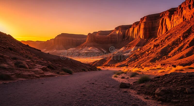 A dramatic desert landscape at dawn or dusk, featuring towering red sandstone royalty free illustration