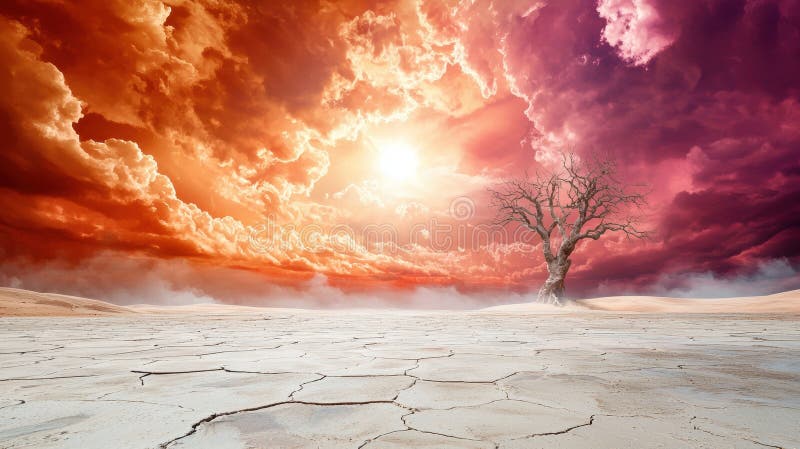 Dramatic Desert Landscape with Empty Tree and Sandstorm vector illustration