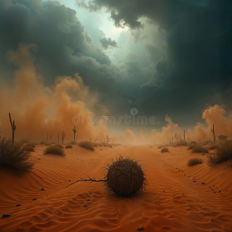 Dramatic Desert Scene With Tumbleweed and Approaching Sandstorm Under Ominous Clouds vector illustration