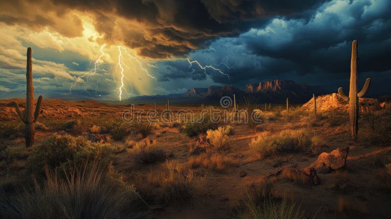 Dramatic Desert Landscape with Lightning and Dark Clouds Above the Cacti stock illustration