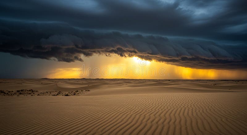 Dramatic desert landscape with rolling sand dunes under a dark, looming storm stock illustration