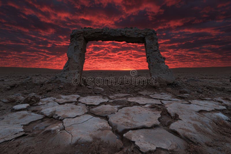 Dramatic desert landscape with a stone archway at sunset. royalty free illustration