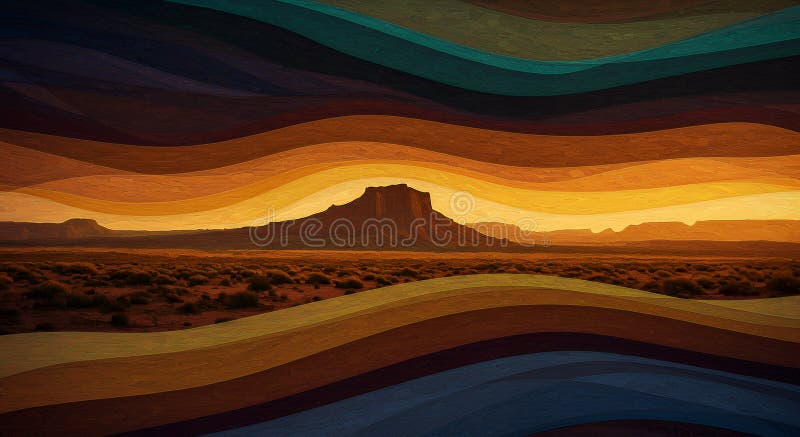 Dramatic Desert Landscape with Striped Sky and Distant Mountain. Striking desert scene featuring a mountain silhouetted against a colorful striped sky, creating a unique atmospheric perspective For wall art and abstract landscapes