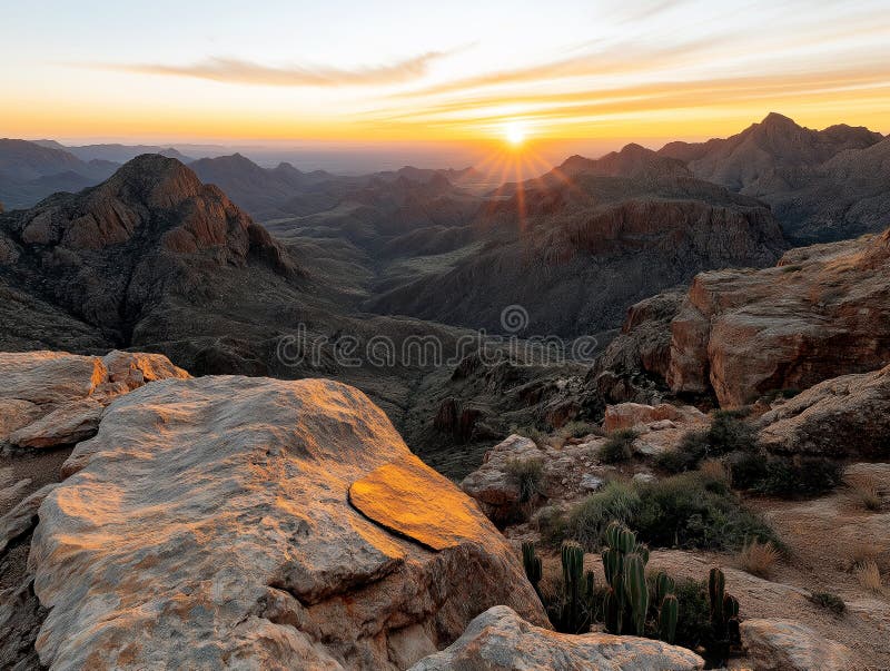 A dramatic desert landscape at sunrise with rugged mountains, warm light casting shadows stock illustration