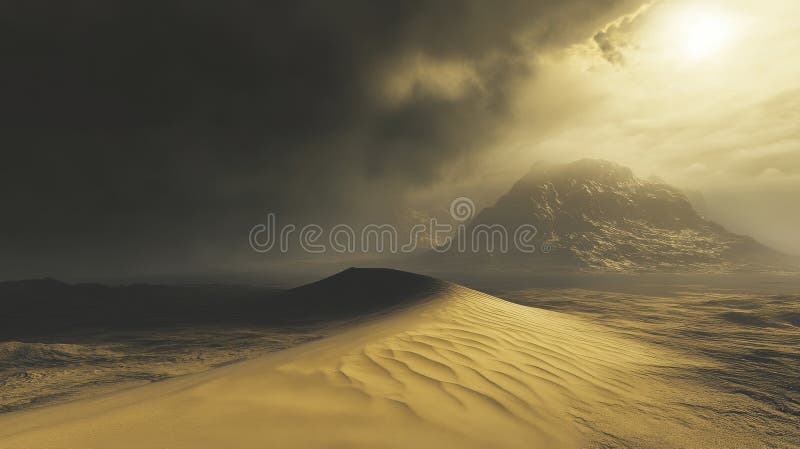 Dramatic Desert Sunset Landscape with Sand Dune and Stormy Sky royalty free illustration