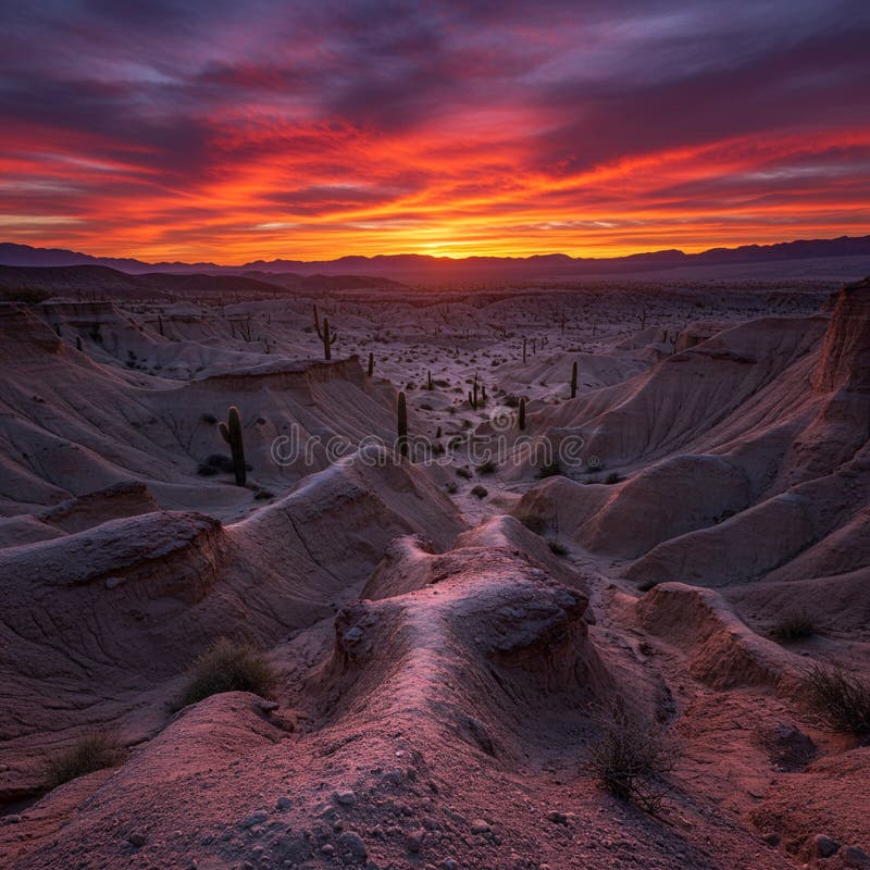A dramatic desert landscape at sunset, featuring rugged, undulating terrain with royalty free illustration