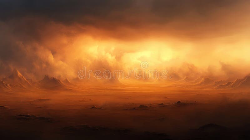 Dramatic Desert Landscape at Sunset with Storm Clouds stock illustration