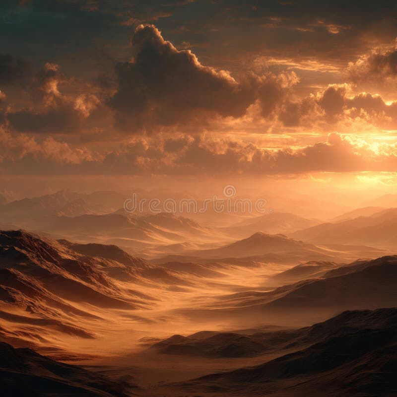 Dramatic Desert Sunset Landscape with Golden Sand Dunes stock illustration
