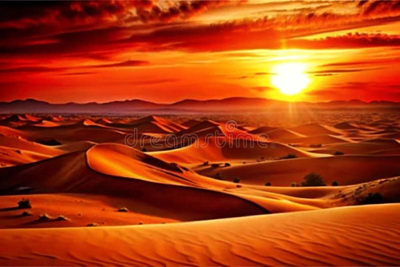 Dramatic desert sunset over dunes stock illustration