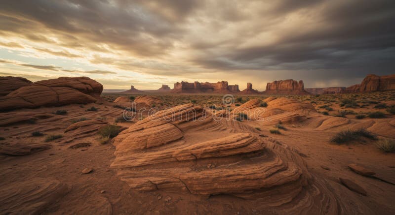 Dramatic Desert Sunset Over Red Rock Formations stock illustration