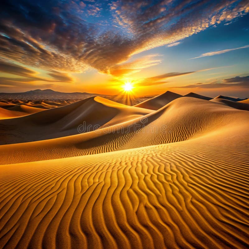 Dramatic desert sunset over sand dunes stock illustration