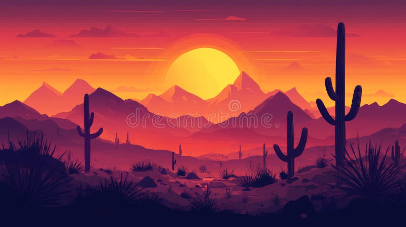Dramatic desert sunset with tall cacti and mountain range royalty free illustration