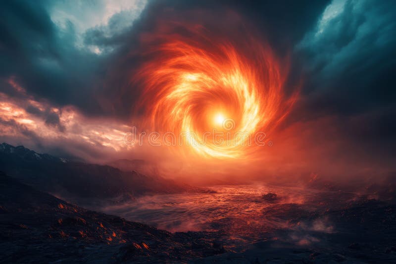 Dramatic Fiery Vortex in a Stormy Sky Over a Rugged Landscape with Intense Clouds royalty free illustration