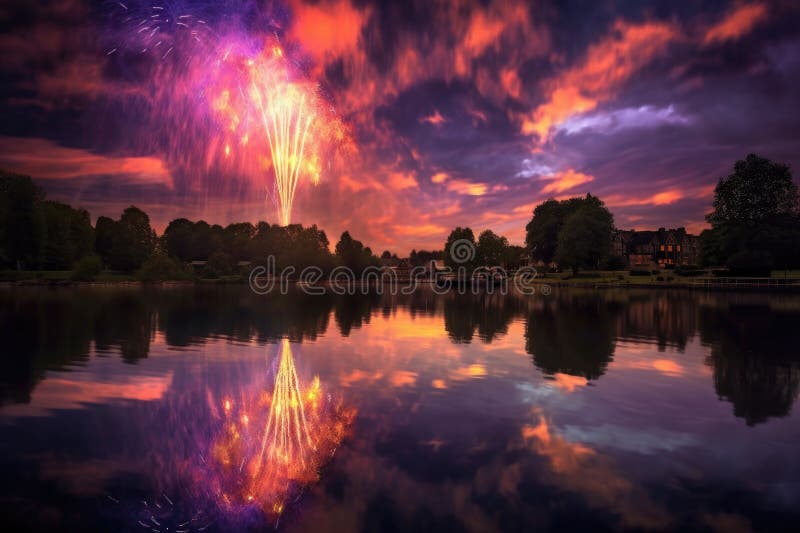 dramatic fireworks display over a tranquil lake, created with generative ai