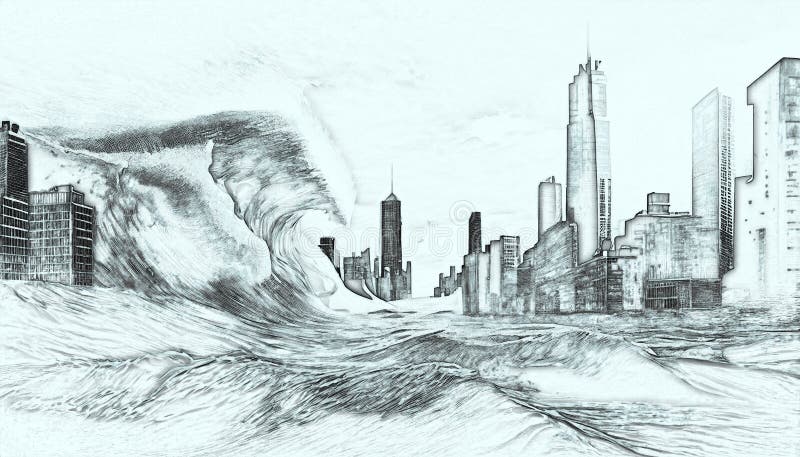 Illustration featuring a tsunami engulfing a city  CanStock