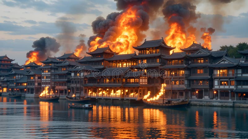 Inferno Over Ancient Chinese River City stock illustration