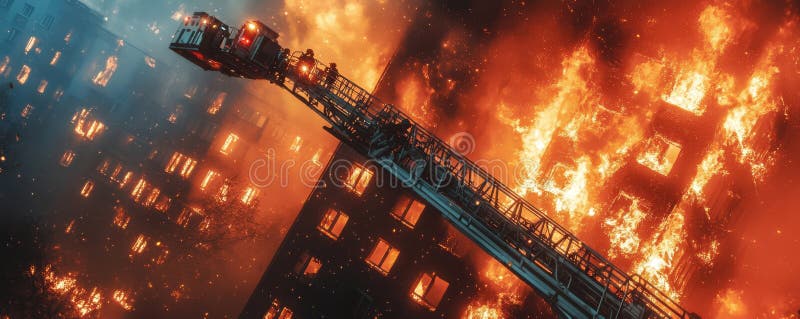 Dramatic image of firefighters working on rescuing individuals from a burning high rise building with intense flames engulfing the 库存图片