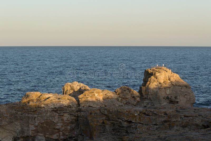 Dramatic landscape of a rock at Black sea coast with two seagulls standing on it stock photo Dramatic landscape of a rock at Black sea coast with two seagulls standing on it stock photo