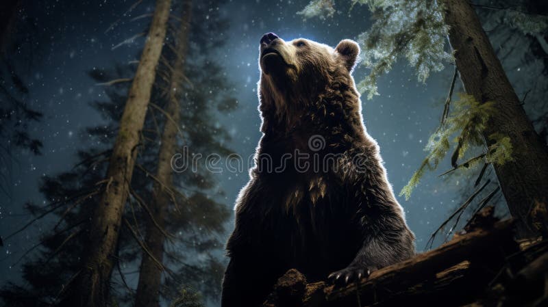 Dramatic Lighting: A Majestic Bear Standing On A Log In The Woods royalty free illustration