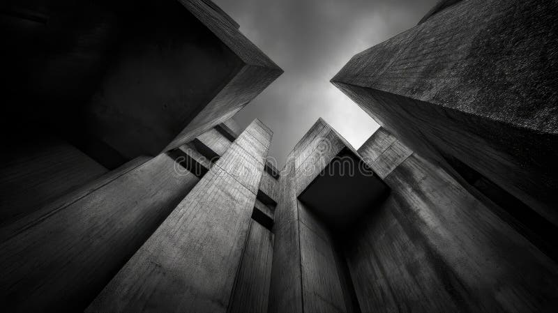 A dramatic low-angle view of towering brutalist architecture with sharp angles and deep shadows stock image
