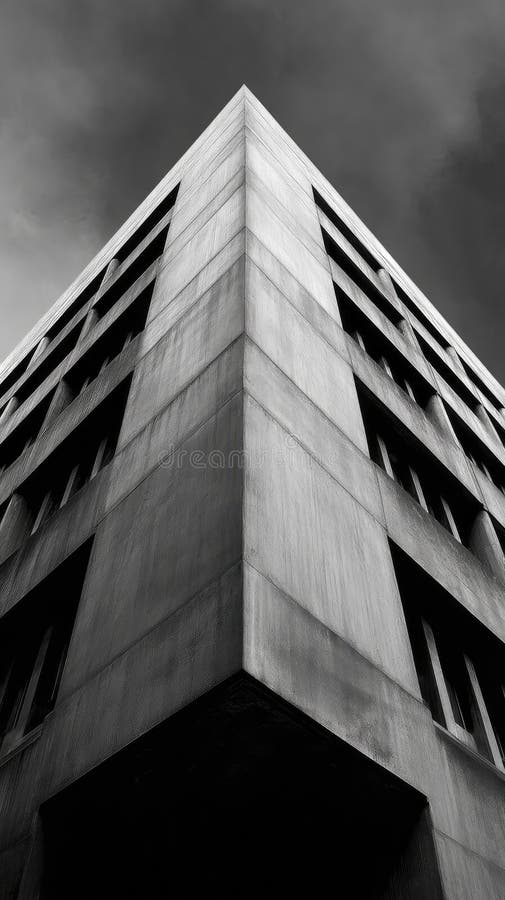A dramatic low-angle view of towering brutalist architecture with sharp angles and deep shadows stock image