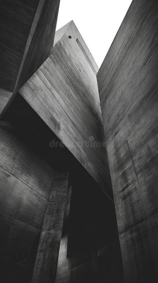 A dramatic low-angle view of towering brutalist architecture with sharp angles and deep shadows royalty free stock photography