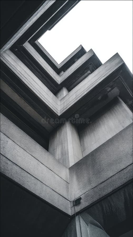 A dramatic low-angle view of towering brutalist architecture with sharp angles and deep shadows stock photography