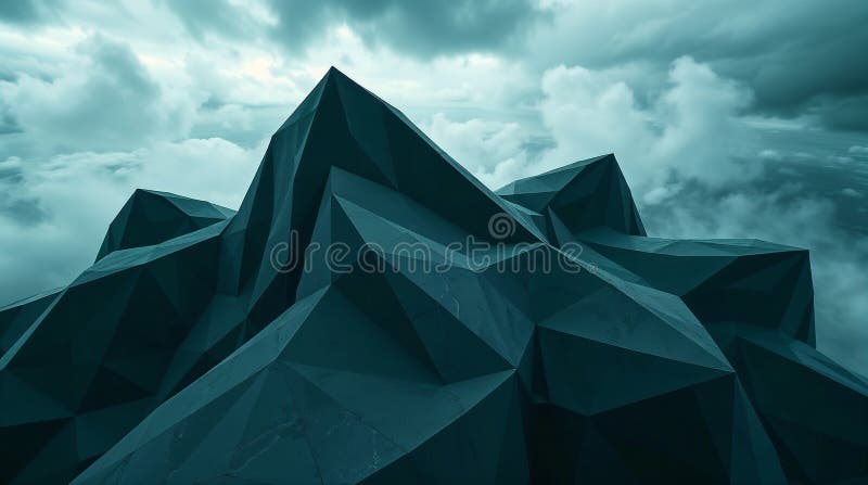 Low Poly Mountain Peak Against Dramatic Sky. stock illustration.
