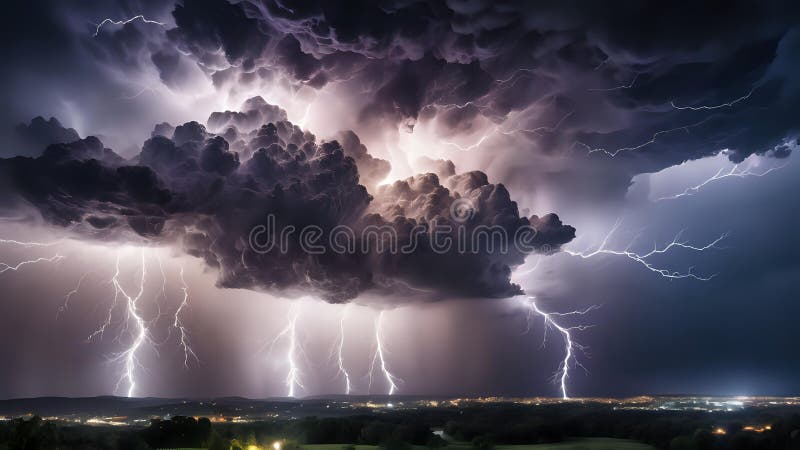 Dramatic night sky illuminated by bright flashes of thunder with swirling dark storm clouds stock illustration