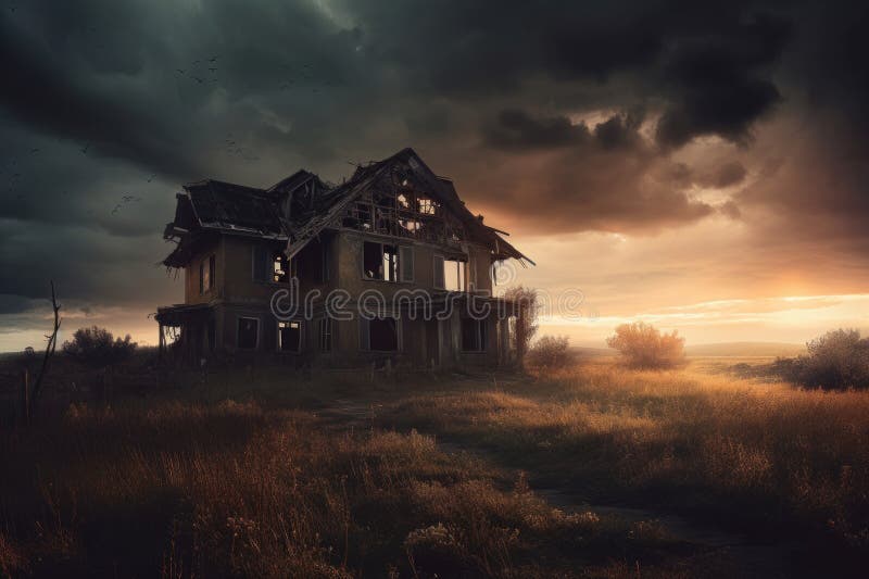 Dramatic Old House Destroyed. Generate Ai Stock Illustration