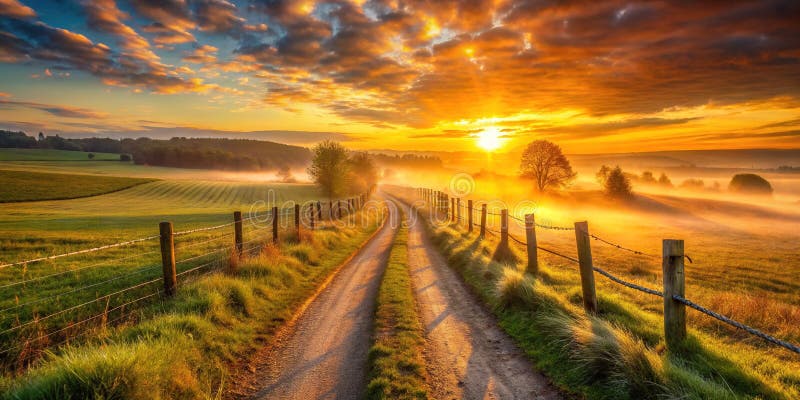 Dramatic Orange Sunrise over the Dordogne Farm Track A Peaceful French Countryside Scene royalty ilustracja