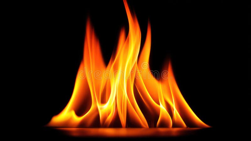 Dramatic orange and yellow fire flames burning against black background stock photography