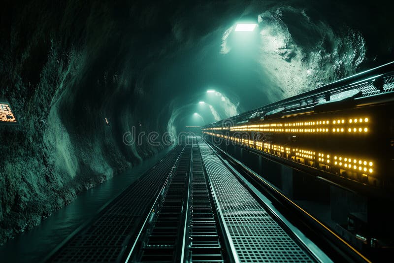 Dramatic perspective of an illuminated cryptocurrency mine deep underground royalty free stock photo