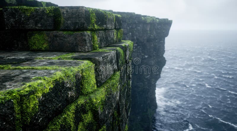 Stâncoase, acoperite de mușchi verzi și luxurianți, cu vedere spre un mare ocean stock illustration