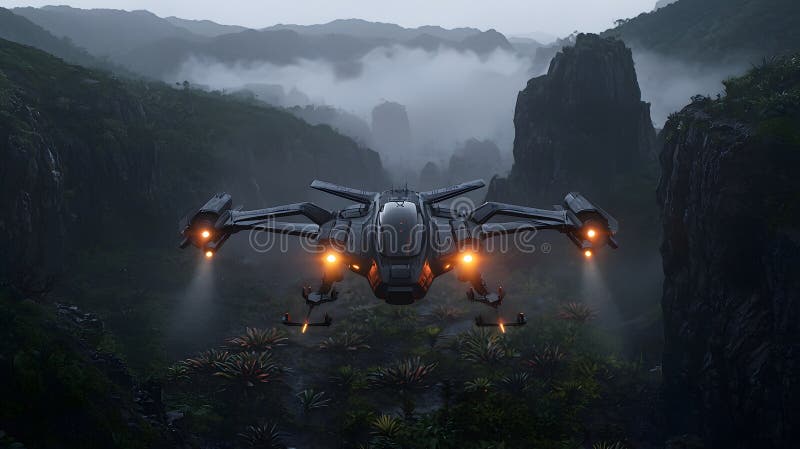 Dramatic Scene of a Futuristic Spaceship Executing a Glowing Landing in a Mysterious Landscape Surrounded by Mountains and Misty vector illustration