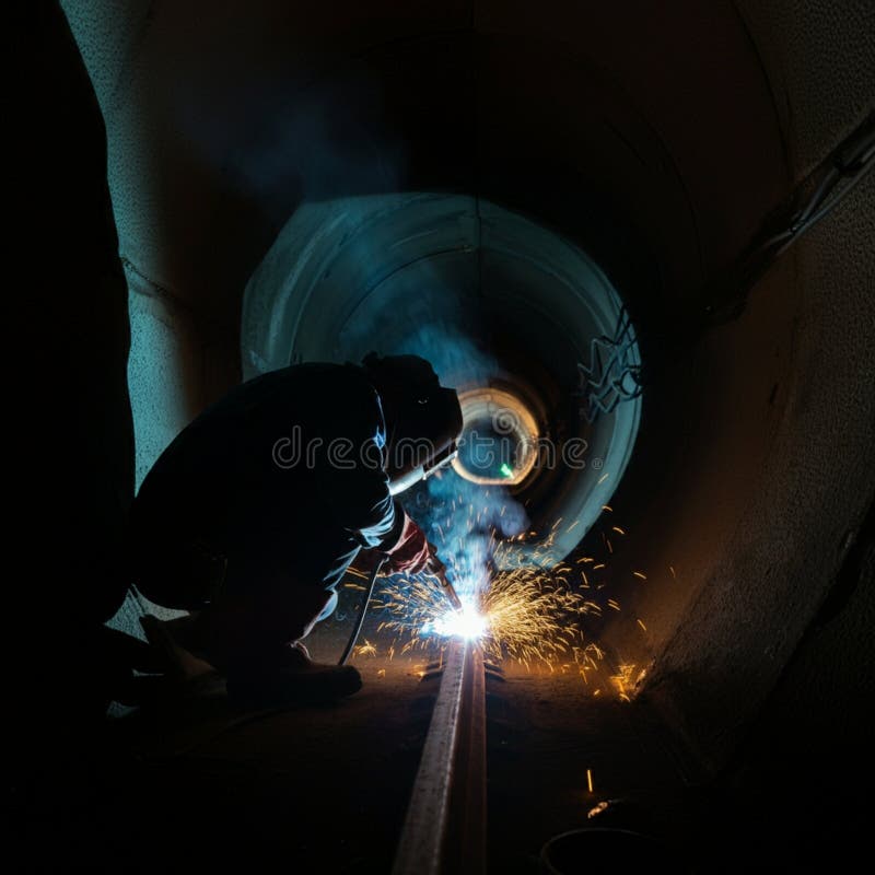 AI-Generated Image: Welder Working Inside a Large Pipe with Bright Sparks stock illustration