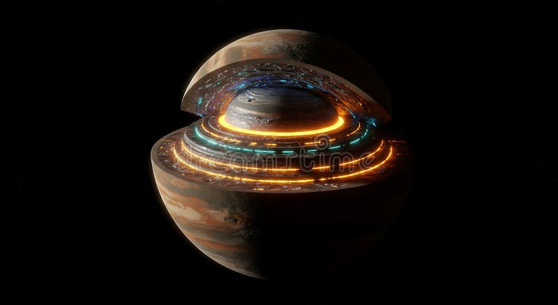 Cross-section of a mysterious glowing techno-planet stock illustration