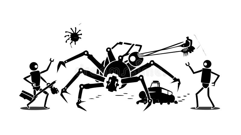 Mechanical spider chasing people, futuristic threat, robot attack, vector design Generative AI vector illustration