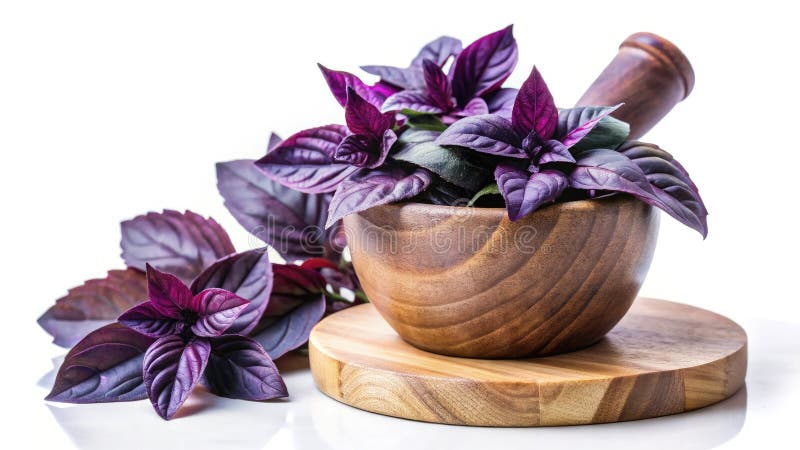 Dramatic Silhouette of Purple Basil Mortar and Pestle on Wooden Board Culinary Herb Photography for Recipes and Food vector illustration