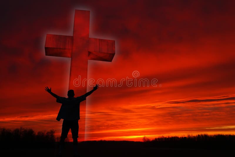 Dramatic sky scenery with a cross and silhouette of a praying man. Dramatic sky scenery with a cross and silhouette of a praying man