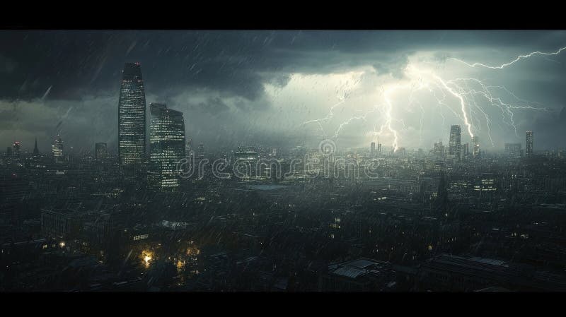 Dramatic storm over a city skyline with thunder and lightning illuminating dark clouds and buildings vector illustration
