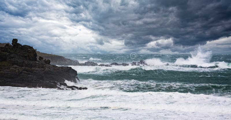 Dramatic stormy sea and thunderous sky with large waves