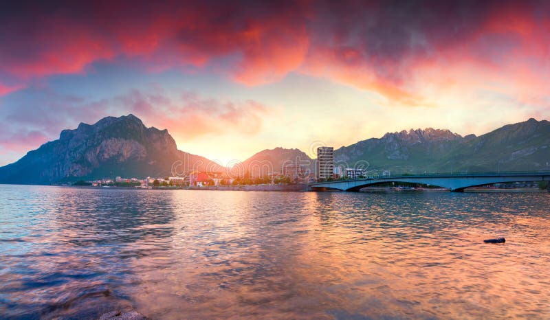 Dramatic summer sunrise in the Lecco Lake