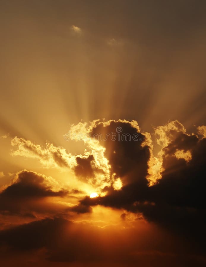 Dramatic Sundown Scene with Dark Clouds and Rays Stock Photo Image of