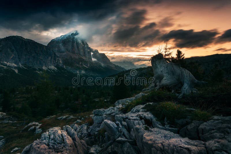 Dramatic sunrise in Dolomite with heavy clouds and light royalty free stock photos