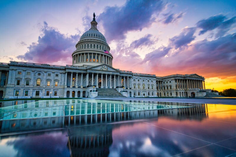 Dramatic Sunset Over the US Capitol in Washington DC Stock Image